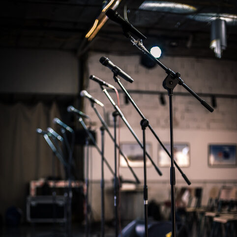 Row of microphones in the Billie Holliday Theatre in Bedford-Stuyvesant near the Refuge Brooklyn